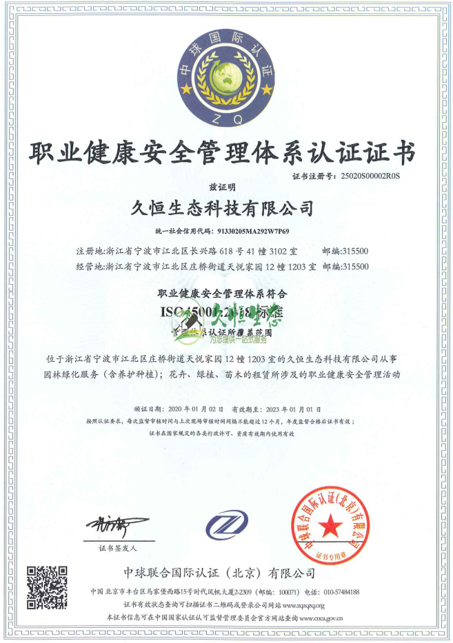 桐庐职业健康安全管理体系ISO45001证书